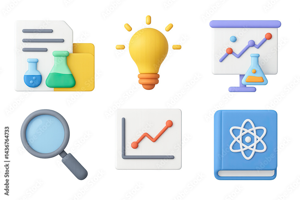 Science and research 3d icon set – vibrant education, laboratory, and analysis symbols for stem projects: microscope, test tube, light bulb, graph, magnifying glass, book.