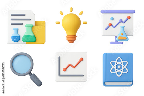 Obraz na płótnie Science and research 3d icon set – vibrant education, laboratory, and analysis symbols for stem projects: microscope, test tube, light bulb, graph, magnifying glass, book. w salonie