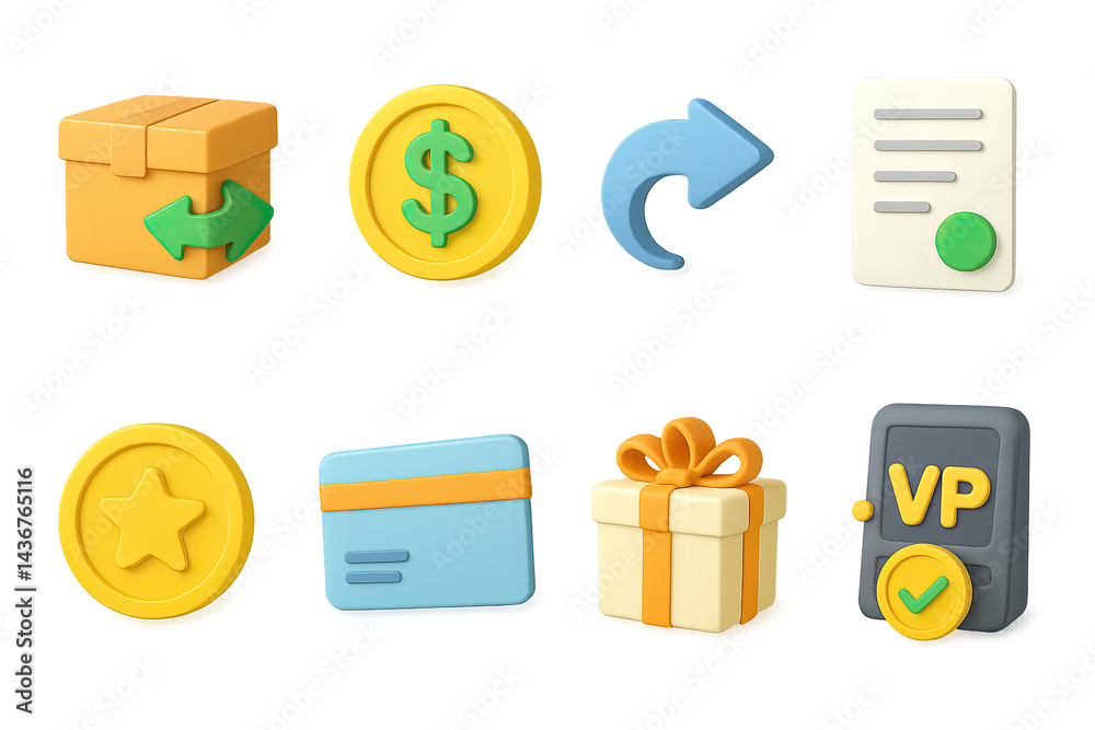 E-commerce and shopping 3d icon set – modern online retail, payment, and delivery symbols: shopping cart, credit card, gift box, receipt, dollar sign, package, coin