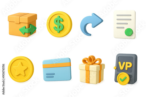 Obraz na płótnie E-commerce and shopping 3d icon set – modern online retail, payment, and delivery symbols: shopping cart, credit card, gift box, receipt, dollar sign, package, coin w salonie