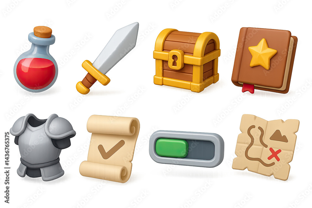 3d fantasy adventure icons set – magical quest, role-playing game, and treasure hunt symbols: potion, sword, chest, book, armor, scroll, switch, map