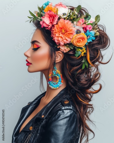 The portrait of a young woman is surreal, featuring a hairstyle made of flowers and adorned with colorful paint, creating an artistic and elegant fashion illustration
