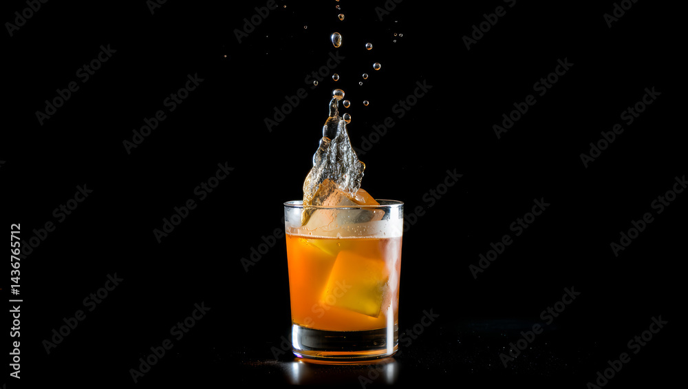 Ice cube splashing into amber whiskey in a rocks glass creating dynamic liquid motion against a stark black background under studio lighting Ice cube splashing into amber whiskey in a rocks glass creating dynamic liquid motion against a stark black background under studio lighting