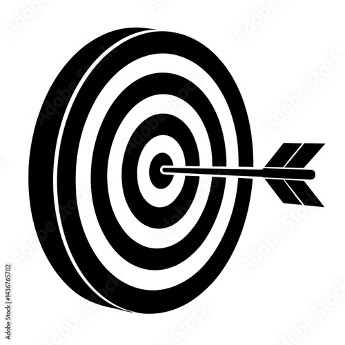 Target board with arrow in center representing precision goal success achievement shooting strategy and gaming skills
