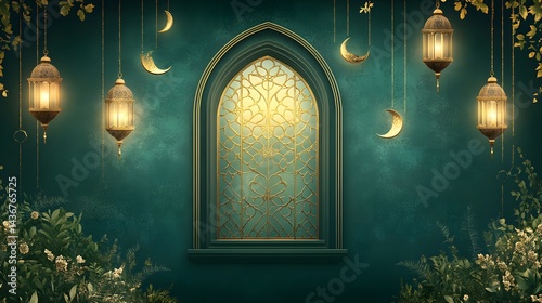 Mystical, ornate window display with decorative lanterns and crescent moons. photo