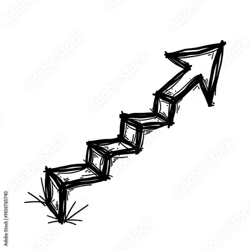 Ascending arrow on rocky path symbolizing progress climbing level up achievement goal reach gaming quest success and challenges