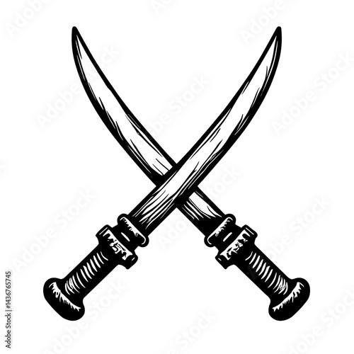 Curved crossed sabers icon representing pirate battle adventure combat fantasy conflict and gaming quests