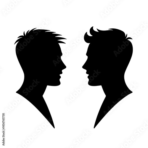 Two facing male silhouettes symbolizing rivalry duality confrontation communication social interaction competition gaming quest