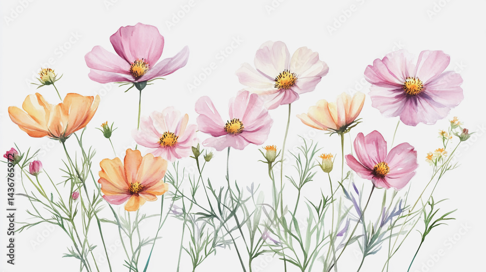 watercolor botanical Cosmos flowers texture template background.Elegant wedding invitation card background . Minimal hand painted Design for wedding or Valentine's Day watercolor botanical Cosmos flowers texture template background.Elegant wedding invitation card background . Minimal hand painted Design for wedding or Valentine's Day