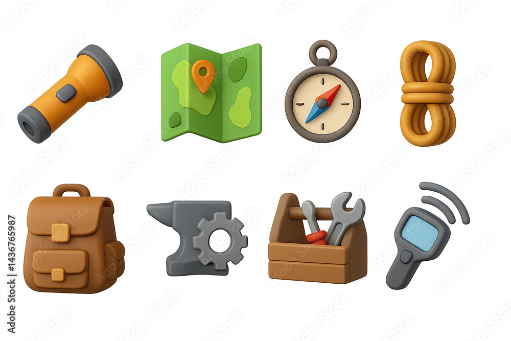 Camping adventure 3d icons set – outdoor, survival, and exploration symbols for travel enthusiasts: compass, flashlight, map, tent, backpack, rope, tool kit, gear.