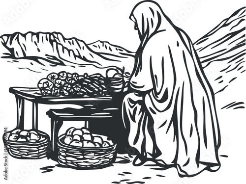 Black and white illustration of a woman selling vegetables and fruits at an outdoor market with mountains in background