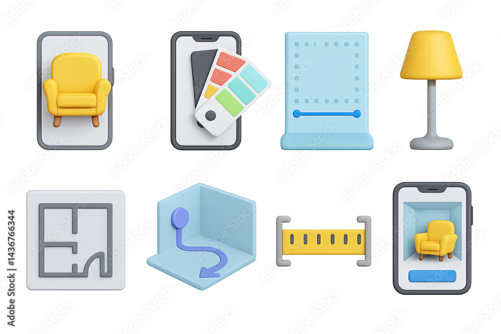 Home interior design 3d icons set – vibrant decor, architecture, and renovation symbols for creative projects: armchair, color palette, blueprint, lamp, floor plan, vr space, ruler.