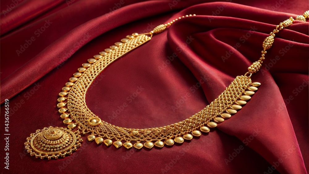 Fototapeta premium Gold necklace presented against a deep red background. (Jewelry)