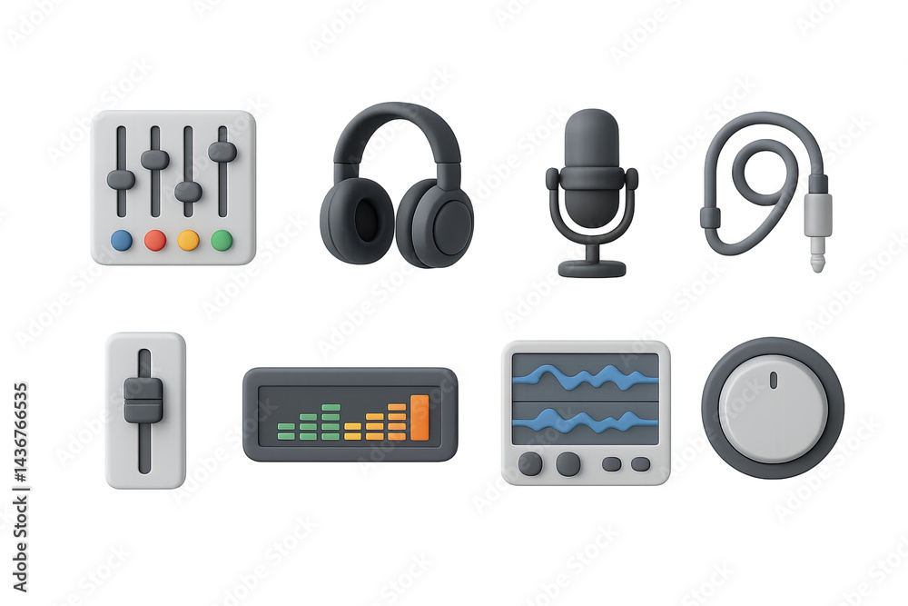 Music and audio 3d icons set – isometric style podcast, recording, and production symbols for sound design: mixer, headphones, microphone, cable, equalizer, soundwave, volume knob.