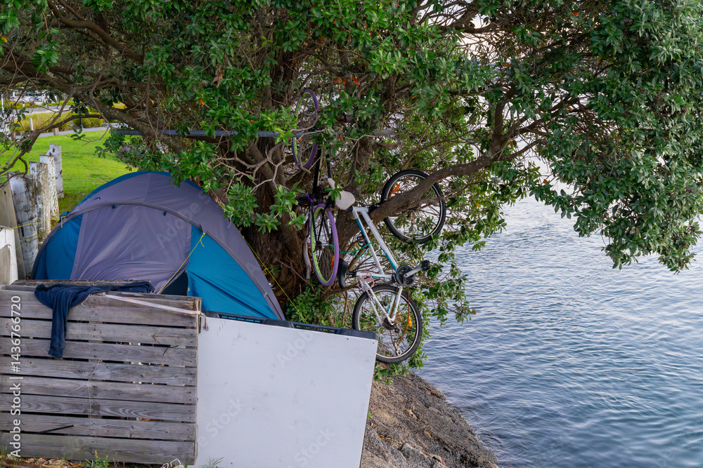 Tauranga urban street scene beside harbour with shelter and bicycles in tree for free-camping of homelessness