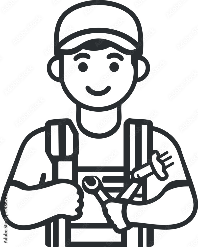 Line icon of a plumber holding a wrench and plunger wearing a cap and work uniform Line icon of a plumber holding a wrench and plunger wearing a cap and work uniform