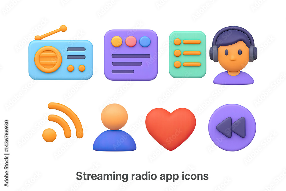 Streaming radio app icon set – 3d style audio, music, and entertainment symbols for app design: radio, playlist, podcast, dj, rss feed, user profile, heart, rewind.