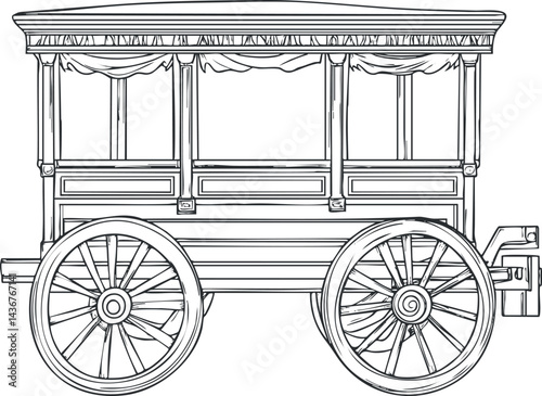 Black and white line drawing of a vintage wooden covered wagon carriage with large spoked wheels
