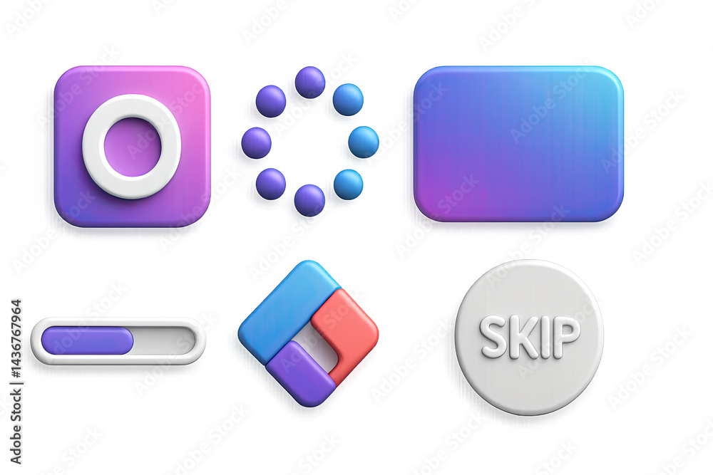 Ui and ux 3d icons set – isometric style web, app, and interface elements for digital design: loading, skip button, progress bar, interface, grid, circle.