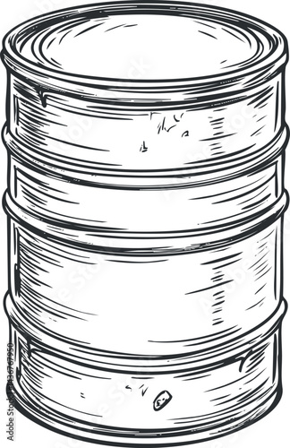 Black and white vintage sketch of a cylindrical metal barrel used for oil or liquid storage and industrial purposes