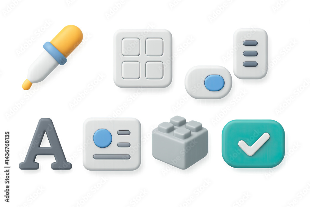 Ui/ux design icon set – 3d modern interface elements for seamless user experience: switch, dropdown, checkbox, text, toggle, grid, dropper, brick