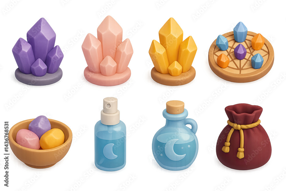 Mystical gem and potion icon set – 3d fantasy, alchemy, and magic symbols for enchanting designs: crystals, potion bottles, magic pouch, gemstones, mystical circle.