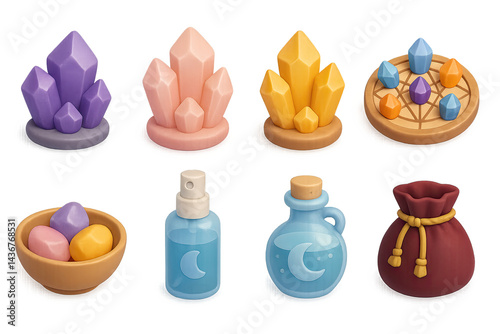 Obraz na płótnie Mystical gem and potion icon set – 3d fantasy, alchemy, and magic symbols for enchanting designs: crystals, potion bottles, magic pouch, gemstones, mystical circle. w salonie