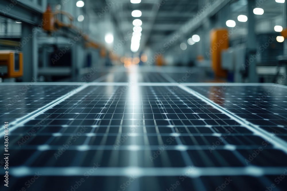 Naklejka premium Close-up of solar panels in a spacious manufacturing facility, showcasing modern renewable energy technology.