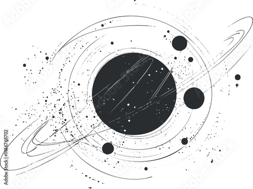 Black and white abstract illustration of a solar system with planets orbiting a central large planet