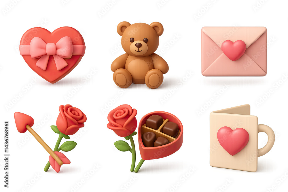 Valentine's day 3d icons set – romantic, love, and gift symbols for celebrations: heart, teddy bear, love letter, rose, chocolate box, cupid arrow, greeting card
