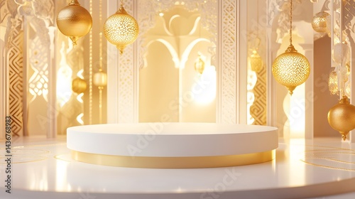 Ornate, golden, arched interior featuring a white pedestal.