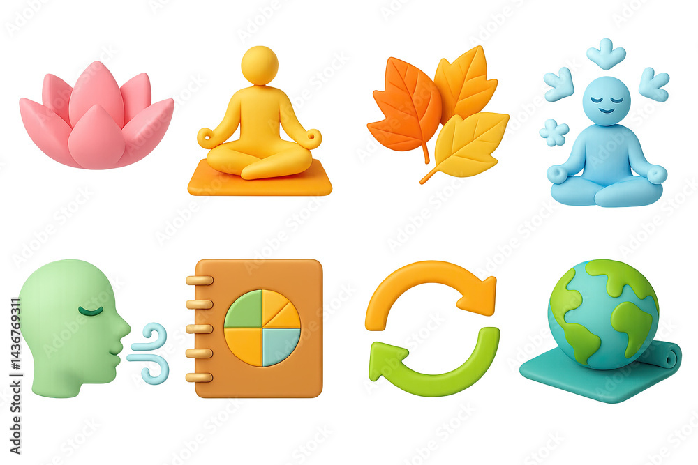 Wellness and meditation 3d icon set – relaxation, mindfulness, and nature symbols for wellbeing: lotus, meditation pose, leaves, breathing, notebook, recycling, globe.