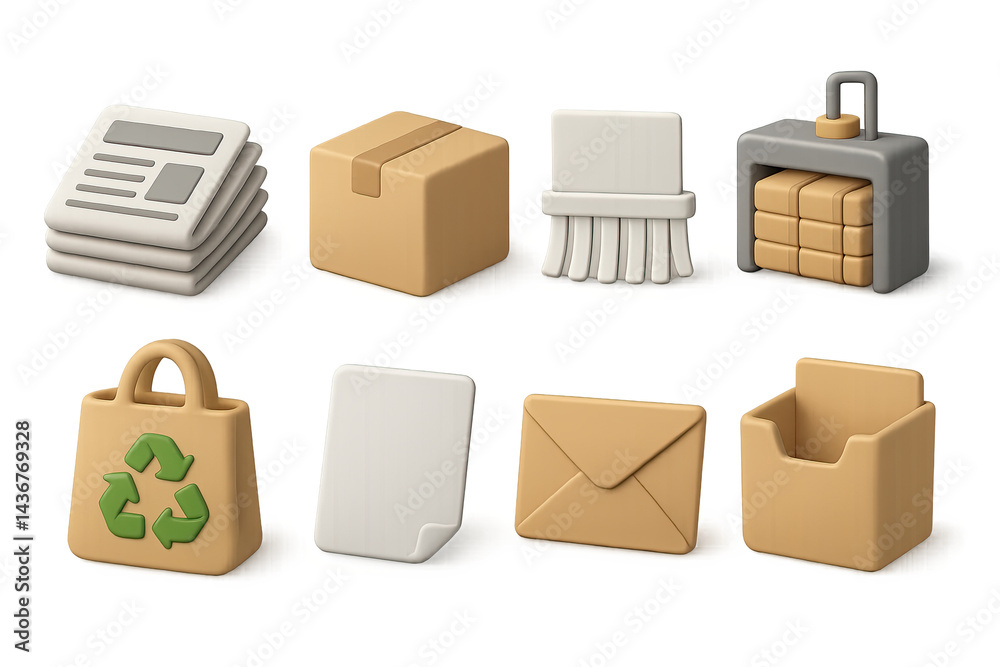 Eco-friendly recycling icons set – 3d style sustainability and waste management symbols: newspaper stack, cardboard box, shredder, baled recyclables, reusable bag, blank paper, envelope, open box