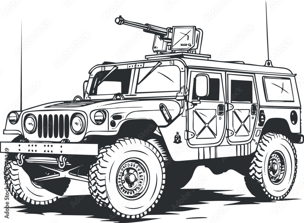 Obraz premium Black and white illustration of an armored military jeep equipped with a gun turret for combat