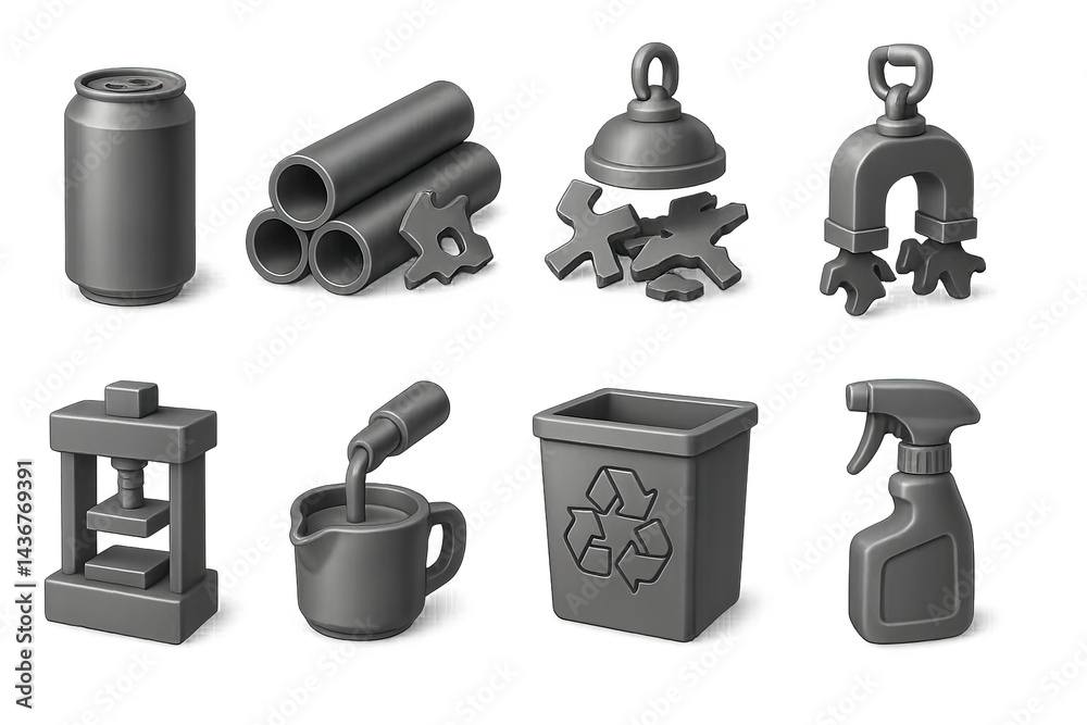 Industrial recycling icon set – solid style eco-friendly, manufacturing, and waste management symbols: can, pipes, bell, magnet, crusher, pouring metal, bin, spray bottle.