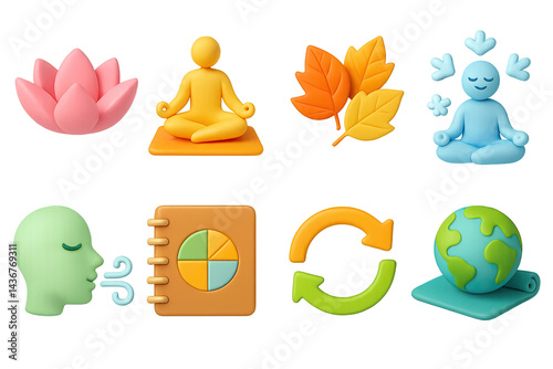 Obraz na płótnie Wellness and meditation 3d icon set – relaxation, mindfulness, and nature symbols for wellbeing: lotus, meditation pose, leaves, breathing, notebook, recycling, globe. w salonie