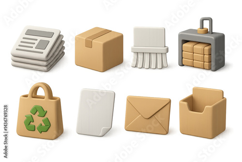 Obraz na płótnie Eco-friendly recycling icons set – 3d style sustainability and waste management symbols: newspaper stack, cardboard box, shredder, baled recyclables, reusable bag, blank paper, envelope, open box w salonie