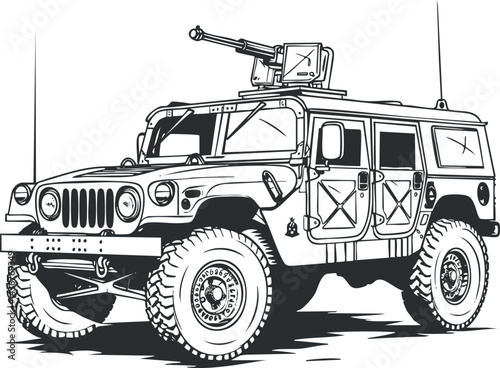 Black and white illustration of an armored military jeep equipped with a gun turret for combat