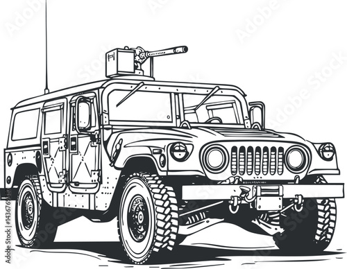 Black and white illustration of a military armored jeep vehicle with mounted machine gun for combat and defense