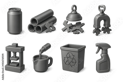 Obraz na płótnie Industrial recycling icon set – solid style eco-friendly, manufacturing, and waste management symbols: can, pipes, bell, magnet, crusher, pouring metal, bin, spray bottle. w salonie
