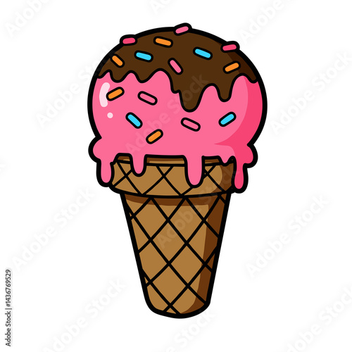 Colorful ice cream cone with sprinkles and chocolate drizzle  