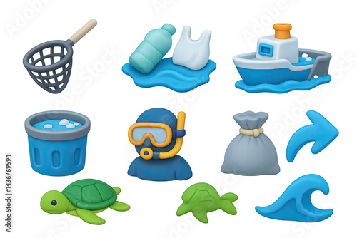 Obraz na płótnie Marine conservation 3d icons set – isometric style ocean clean-up, environment, and sustainability symbols: net, plastic bottle, boat, diving mask, turtle, wave w salonie