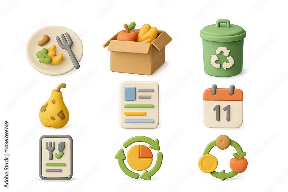 Eco-friendly solid icon set – 3d style sustainable living, recycling, and zero waste symbols for environmental awareness: compost bin, recycling box, leftover food, spoiled fruit, eco calendar,