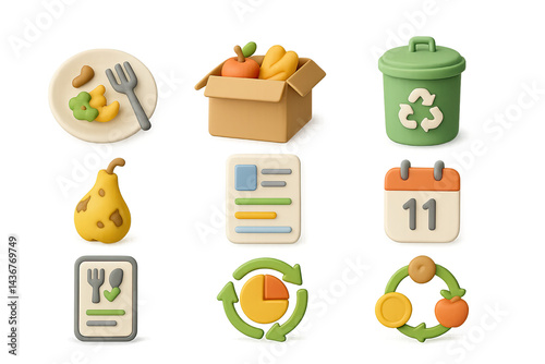 Obraz na płótnie Eco-friendly solid icon set – 3d style sustainable living, recycling, and zero waste symbols for environmental awareness: compost bin, recycling box, leftover food, spoiled fruit, eco calendar, w salonie