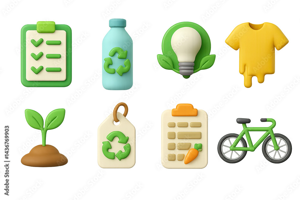 Eco-friendly lifestyle 3d icons set – sustainability, recycling, and green living symbols: checklist, recycle bottle, light bulb, t-shirt, plant, tag, clipboard, bicycle