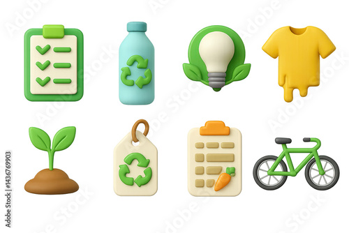 Obraz na płótnie Eco-friendly lifestyle 3d icons set – sustainability, recycling, and green living symbols: checklist, recycle bottle, light bulb, t-shirt, plant, tag, clipboard, bicycle w salonie