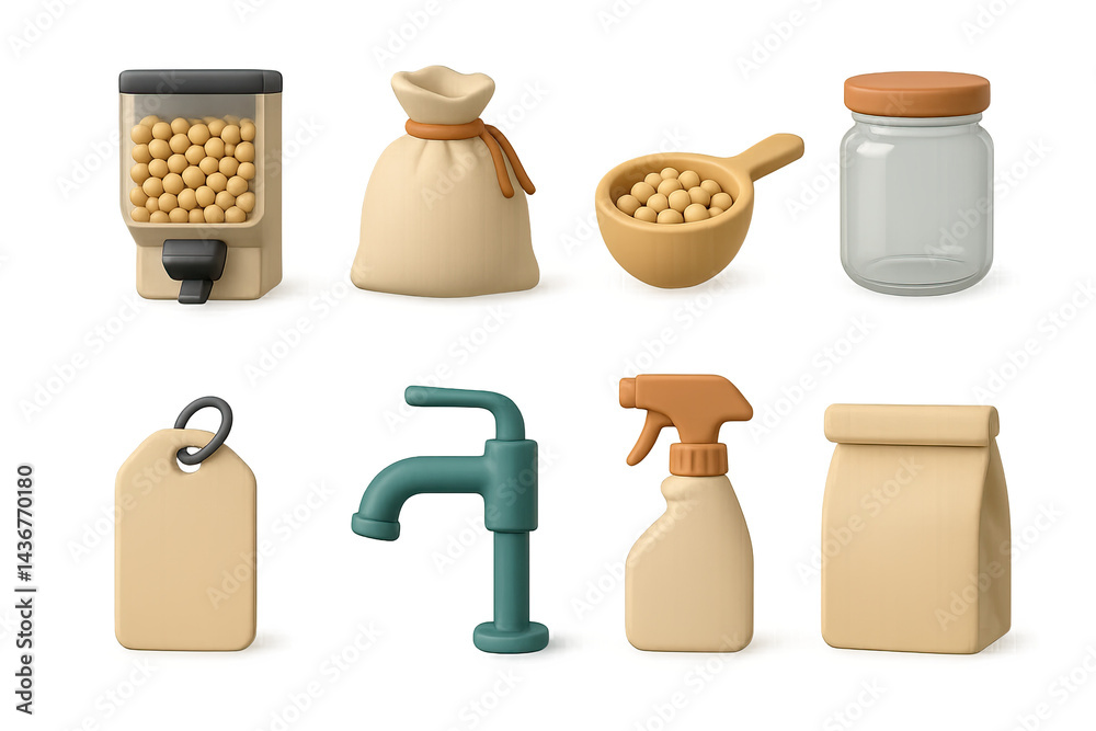 Kitchen essentials 3d icon set - isometric cooking, baking, and storage icons for culinary inspiration: dispenser, sack, scoop, jar, tag, faucet, spray bottle, bag.