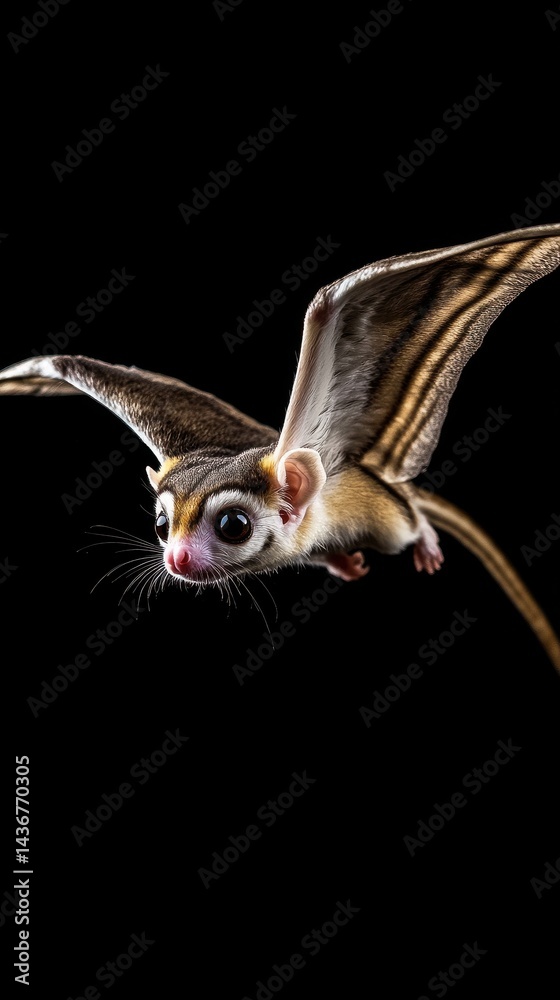Fototapeta premium A flying sugar glider showcasing its delicate wings against a dark background.