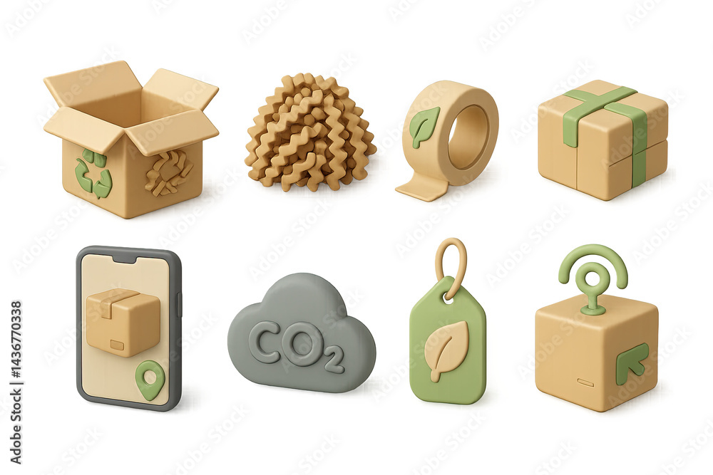 Eco-friendly packaging 3d icons set – sustainable, green, and recyclable symbols for ecological design: box, packing material, tape, gift, smartphone, co2 cloud, leaf tag, delivery