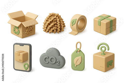 Eco-friendly packaging 3d icons set – sustainable, green, and recyclable symbols for ecological design: box, packing material, tape, gift, smartphone, co2 cloud, leaf tag, delivery